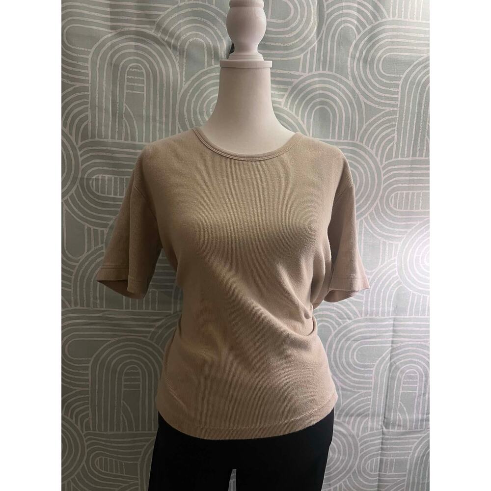 Christopher & Banks Women's Large Ribbed Knit Sleeve Top Crew Neck Beige Basic